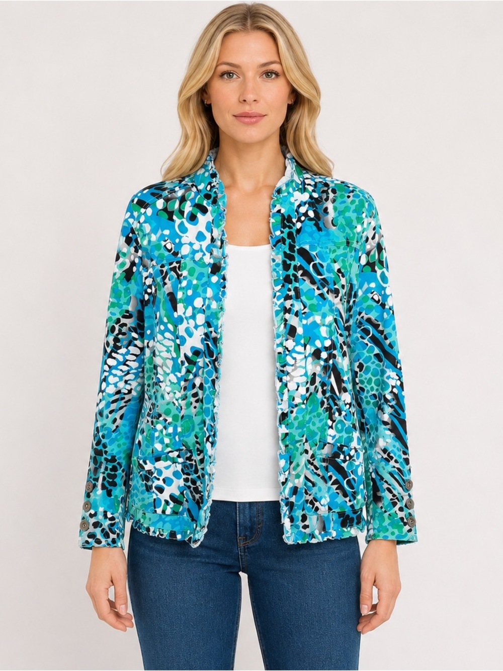 Chicos Size 2 Blue Print Jacket Ruffle Coastal Cotton Additions by Chico’s Large